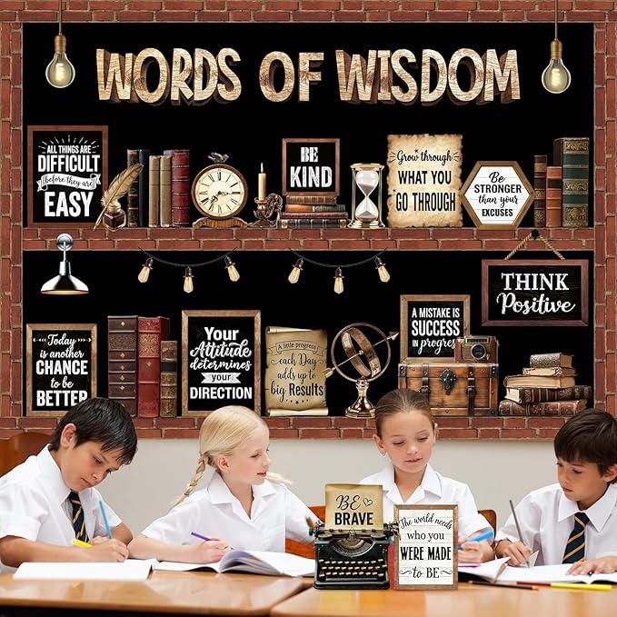 57 Pcs Industrial Chic Bulletin Board Set Inspirational Rustic Classroom Decoration Farmhouse Bulb Typewriter Brick Cutout for School Office Chalkboard Door Wall Decor