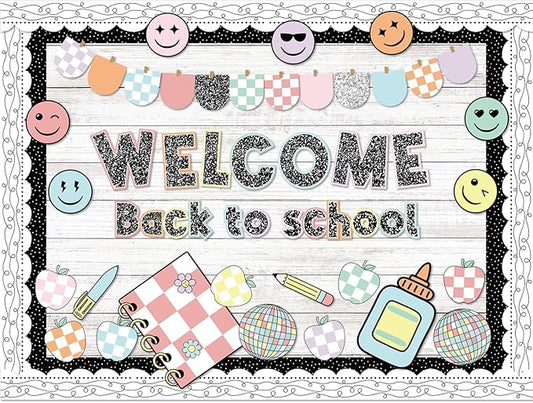94 Pcs Composition Notebook Classroom Decor Welcome Back to School Bulletin Board Set Checkered Classroom Decor Pencil Apple Paper Cutouts for First Day of School Party Wall Door(Natural)