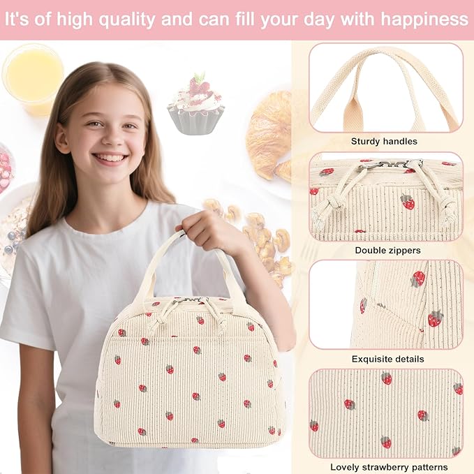LEDAOU Lunch Box for Women Insulated Lunch Bag Corduroy Lunch Tote Bags Leakproof Cooler Lunchbox for Travel Work Picnic