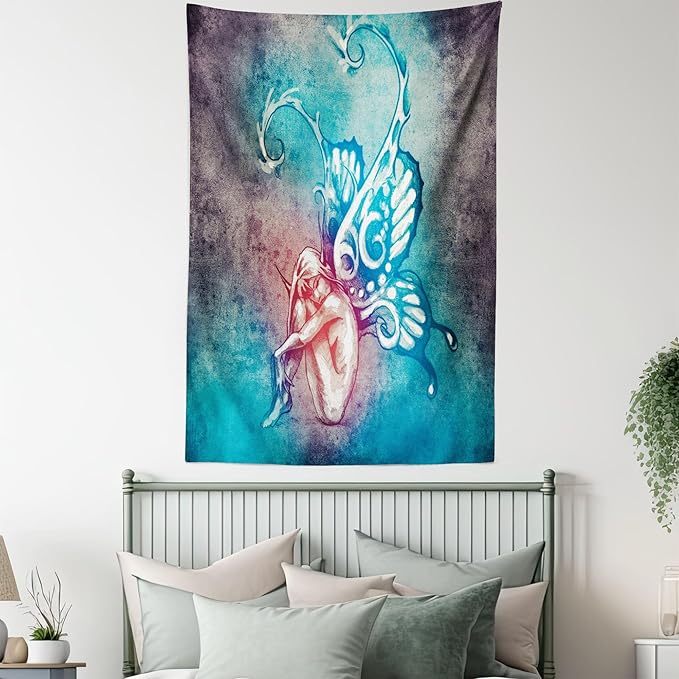 Ambesonne Butterfly Tapestry, with Butterfly Wings Renewal Female Rebirth Psyche Lightness of Being, Fabric Wall Hanging Decor for Bedroom Living Room Dorm, 30" X 45", Blue Purple