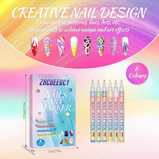 Nail Art Pen Set, 6 Colors, Water-Based Quick Dry Art Pens, 0.7mm Fine Point, Professional Manicure Drawing Tools for DIY Design