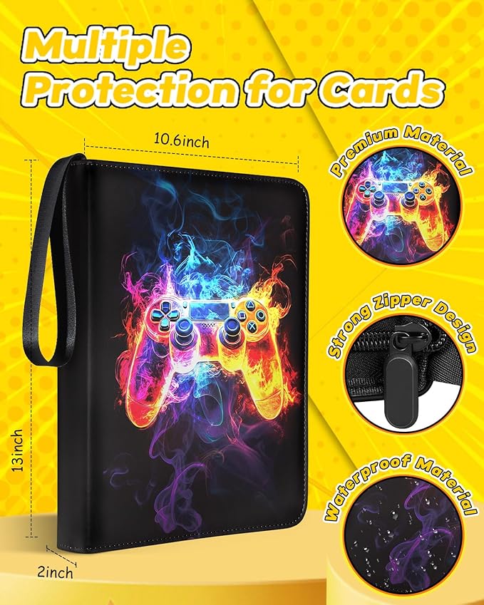 for 9 Pocket Card Binder Large Capacity for 900 Cards - Trading Card Collection Album Folder Double Sided Pocket with Zipper Game Pattern Design for Men Boys Teens for Sports Cards Game Cards