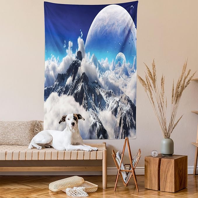 Ambesonne Fantasy Tapestry Queen Size, Celestial View of Snow Capped Mountains and Alien Planet Print, Wall Hanging Bedspread Bed Cover Wall Decor, 88" X 88", White and Navy Blue