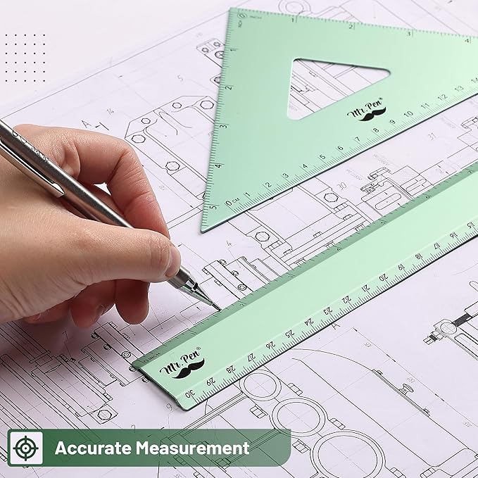 Mr. Pen- Geometry Set, 4 Pack, Light Green, Metal Geometry Kit, Triangle Ruler, Metal Ruler, Drafting Triangles, Metal Protractor, Metal Set Square, Drafting Ruler, Drafting Set