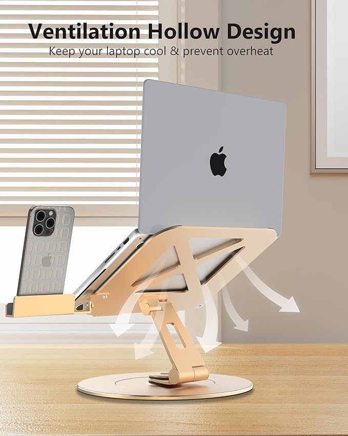 Ultra-Stable Aluminumy Laptop Stand for Desk with Foldable Phone Holder, 300% Large Base Stability, Anti-Loosening,Suitable for 10"-17.3" Laptops, Champagne Golden