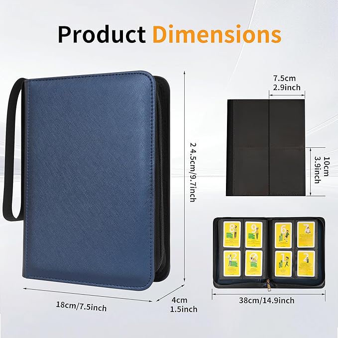 Wonderpool Card Binder A5 Album Zippered 4-Pocket Trading for 240 Cards - Leather PU Card Holder Collection Storage Folder, Side-Loading for Photo Pokemon, MTG, TCG, Yugioh, Sports Cards (Blue)