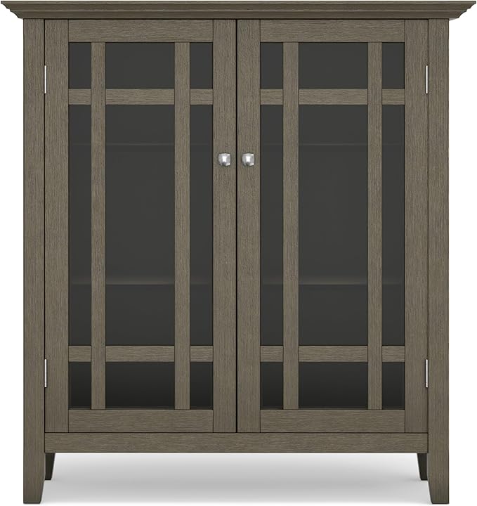 SIMPLIHOME Bedford Storage Cabinet - 39 inch Wide Solid Wood Medium Cabinet in Farmhouse Grey, Transitional Console for Living Room, Entryway, or Dining Room with Glass Doors and Adjustable Shelves