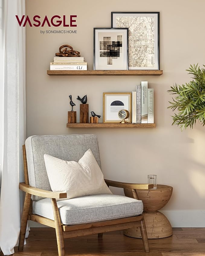 VASAGLE Wall Shelves Set of 2, Floating Shelves, Wall Mounted, 8 x 15.7 x 1.5 Inches, Display Shelves for Picture Frames, Wall Decor, Hanging Shelf for Living Room, Kitchen, Rustic Brown ULWS054B01