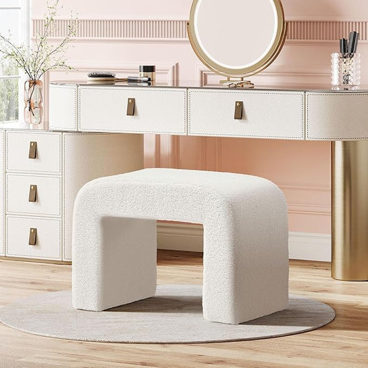 Tribesigns Foot Stool for Couch, Modern Boucle Vanity Stool Chair, Large Faux Sherpa Ottoman Foot Rest, Arched Shoe Bench or Entryway, Upholstered Extra Seating for Living Room, Fully Assembled, White