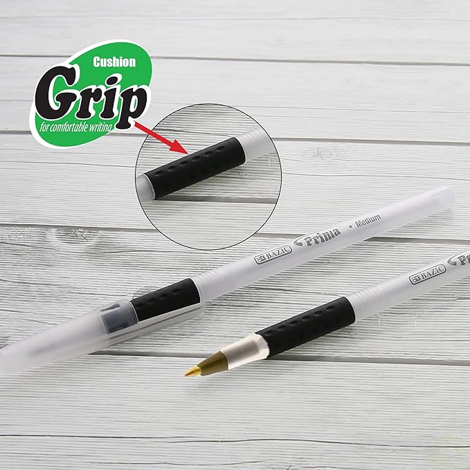 BAZIC Prima Black Stick Pen w/Cushion Grip (8/Pack)