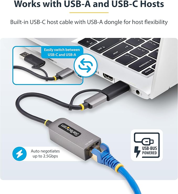 StarTech.com 2.5GbE USB-C to Ethernet Adapter with USB-A Converter, NBASE-T NIC, USB 3.0 Type-C 2.5/1G Multi Speed Network