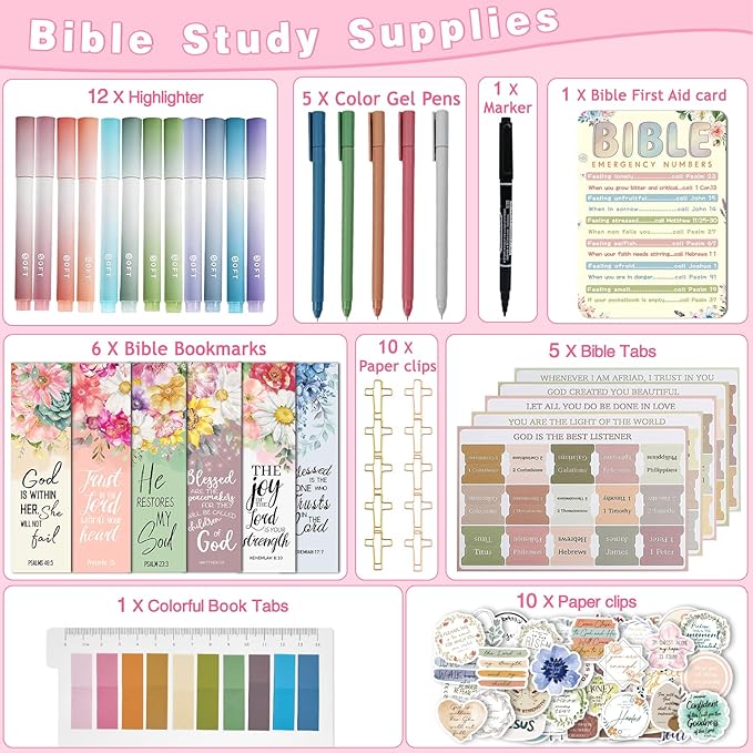 Bible Study Supplies Journaling Kit for Women,Pastel Highlighters & Pens, Bible Tabs, Stickers, Bookmarks, Cross Clips, Bible Accessories for Study, Faith,Inspiration & Scripture(91pcs)