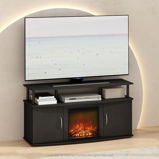 Furinno Jensen Fireplace TV Stand, NO Heat Decorative Electric Fireplace Corner TV Stand for TV up to 55 Inch, with Doors Storage Cabinet, for Living Room, Americano/Black