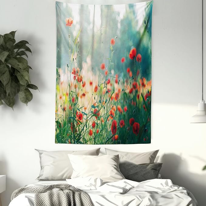 Ambesonne Nature Tapestry, Wild Red Poppy Flowers Field Summertime Sunbeams Gardening Bedding Plants, Fabric Wall Hanging Decor for Bedroom Living Room Dorm, 30" X 45", Red Green Yellow