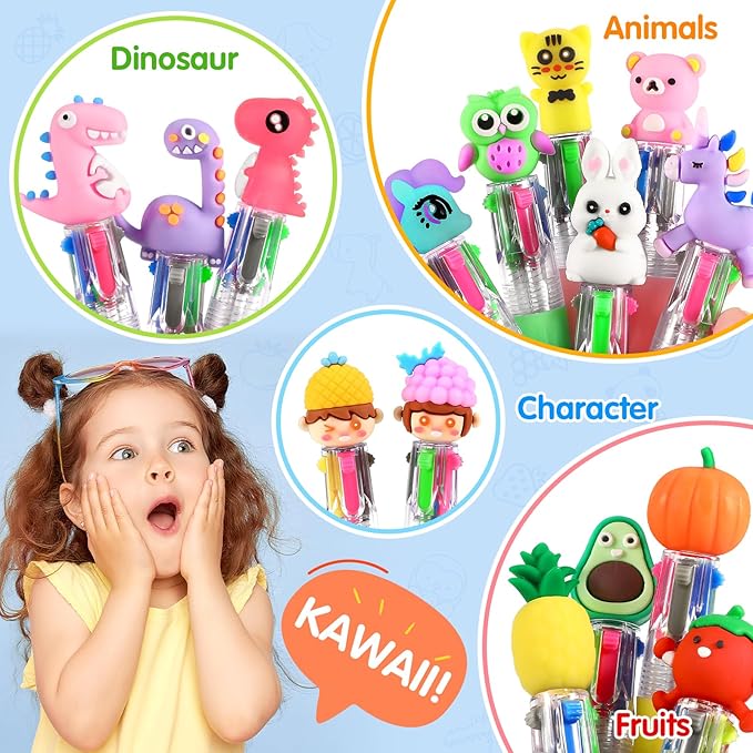 arscniek 100Pcs Multicolor Pen in One, 4-in-1 0.5mm Fine Point Cute Pens, Fun Kawaii Ballpoint Pen for Children's Party Favors, Classroom Prizes, Teacher School Supplies, Bulk Gifts for Students