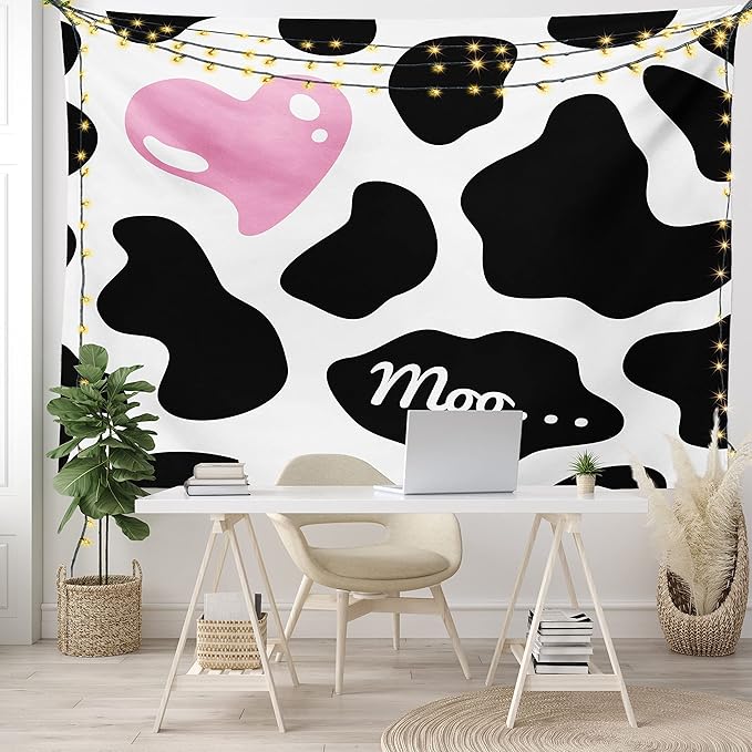 Ambesonne Cow Print Tapestry King Size, Camouflage Hide Skin Pattern in Pastel Color Shades Heart Shape Moo, Wall Hanging Bedspread Bed Cover Wall Decor, King Size, Pink Black White