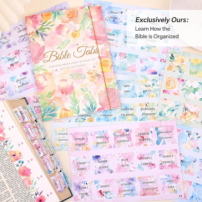 Bible Tabs for Women, 66 Large Print Laminated Bibles Chapters Index Tabs and 39 Blank Dividers Sticky Labels, Cute Beauty Bloom Bible Study Supplies, Journaling Accessories, Christian Gifts for Men