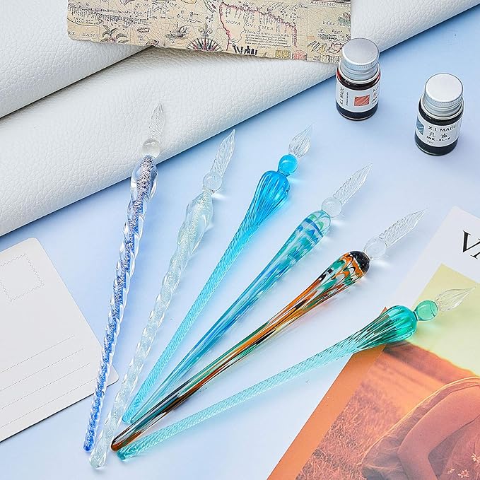 Zonon 6 Pieces Handmade Glass Dip, Crystal Glass Signature Calligraphy Vintage Dip Ink Pen Borosilicate Present Pen for Writing Drawing Decoration(Stylish Color,Bright Style)