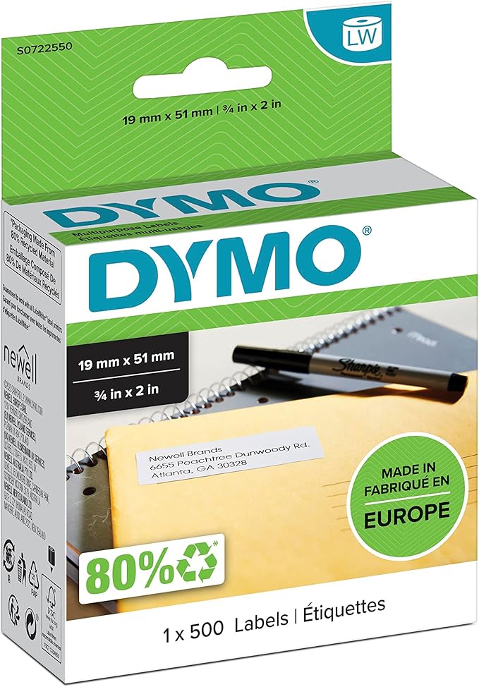 DYMO Authentic LabelWriter Small Multi-Purpose Labels | 19 mm x 51 mm | Self-Adhesive | Roll of 500 | Easy-Peel Labels | for LabelWriter Label Makers | Made in Europe