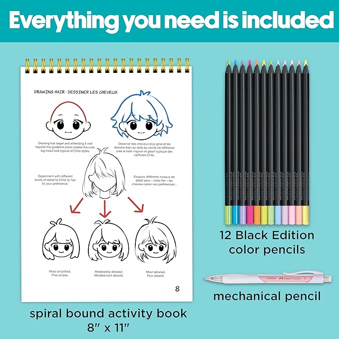 Faber-Castell Anime Drawing Kit: Chibi Edition | Step-by-Step Instruction Book with 20 Practice Pages, Color Pencil Set & Drawing Supplies for Kids, Easter Basket Stuffers (1 Book)
