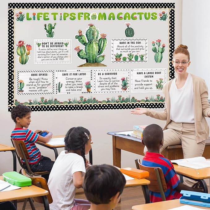 party greeting Cactus Bulletin Board Set Motivational Classroom Decorations Greenery Succulent Paper Cutouts Plant Bulletin Board Border for Back to School Wall Door Decor Class Must Have Supplies