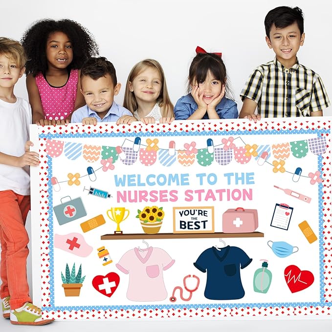 79Pcs School Nurse Bulletin Board Decorations Set Welcome Back to School Classroom Decorations Kit Nurse Appreciation Office Decor Medical RN Cutouts Healthcare Workers Decor for Chalkboard Wall Door