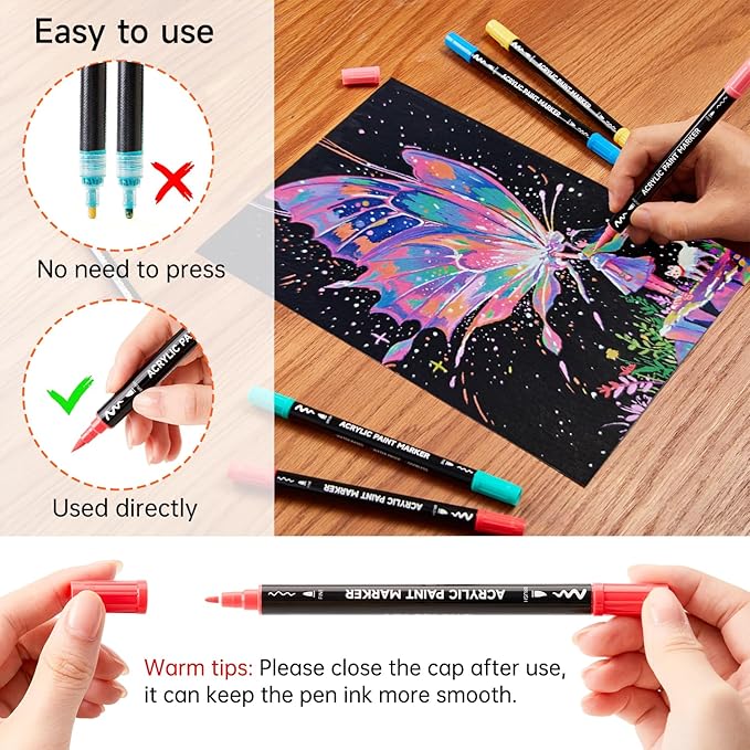 Shuttle Art 80 Colors Dual Tip Acrylic Paint Markers, Brush Tip and Fine Tip Acrylic Paint Pens for Rock, Ceramic, Wood, Canvas, Plastic, Glass, Stone, Calligraphy, Card Making, Crafts & Nail Art