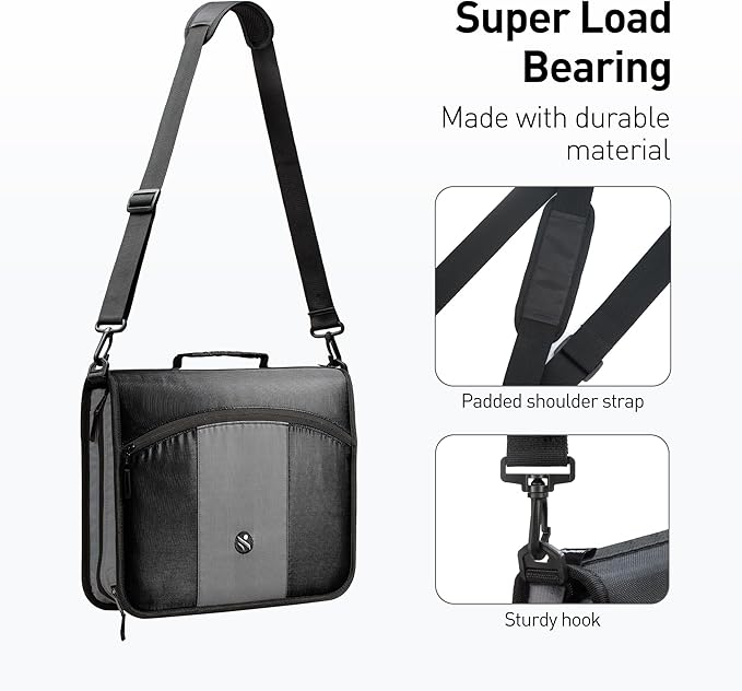 Round Ring 3-Inch Zipper Binder, Designed with Expanding Files and Handle, Shoulder Strap Included, Black