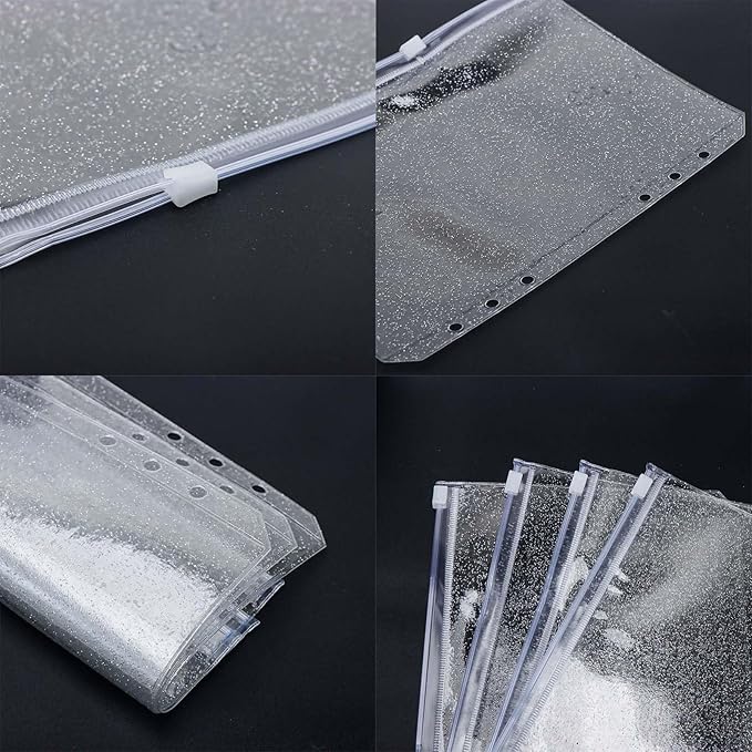 10pcs A5 Cash Stuffing Envelopes Zipper Binder Pockets Clear Glitter PVC 6 Hole Zip Sleeves Loose Leaf Pouches for 6 Ring Binder Planner (A5 5.91" x 8.19")