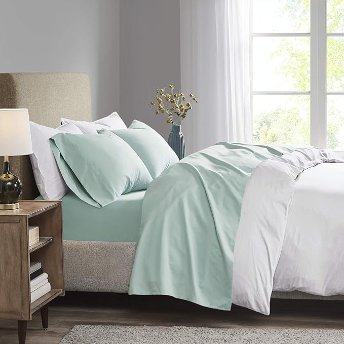 Madison Park 3M Microcell Color Fast, Wrinkle and Stain Resistant, Soft Sheets with 16" Deep Pocket All Season, Cozy Bedding-Set, Matching Pillow Case, Twin XL, Seafoam (MP20-2444)
