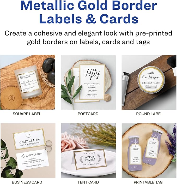 Avery Matte White Labels, Metallic Gold Borders, 3" Round Labels, 60 Total, Laser/Inkjet Printable (6544)