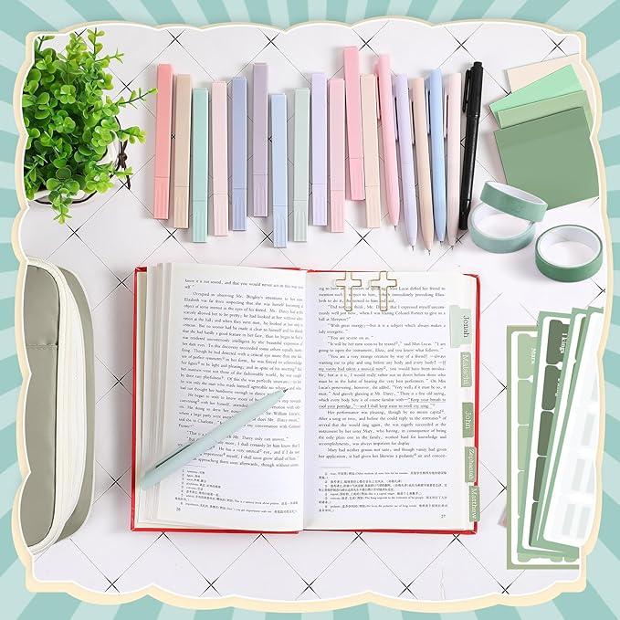 137 Pcs Bible Study Supplies Journaling Kit 1 Pencil Case 12 Highlighters 4 Sticky Notes 6 Gel Pens 35 Paper Clips 3 Tapes 1 Markers 75 Tabs for Christmas Bible School Gifts(Sage Green)