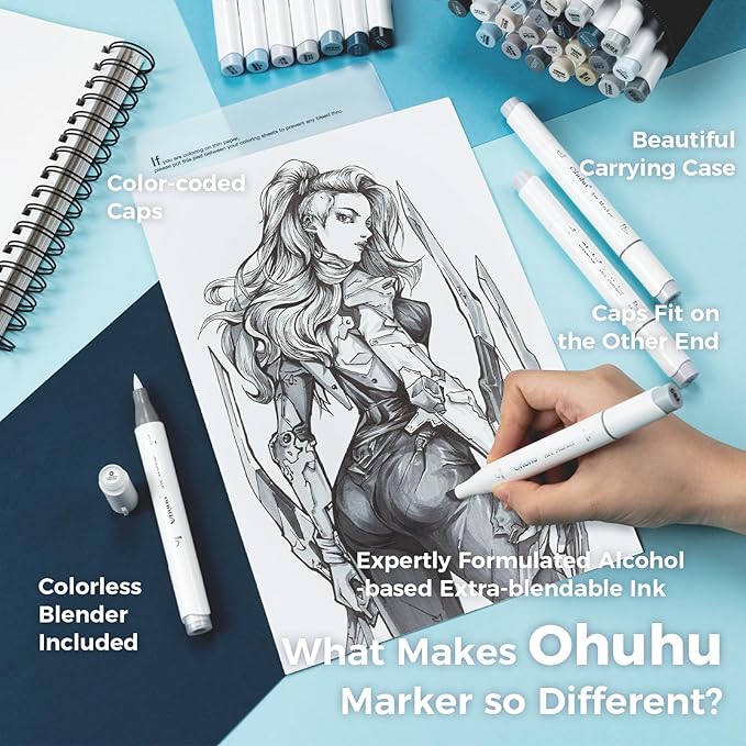Ohuhu Grayscale Alcohol Markers Brush Tip- Double Tipped Alcohol Based Art Marker Set for Artist Adults Coloring Illustration Shading Layering- 36 Grey-tone Colors- Chisel& Brush- Honolulu- Refillable