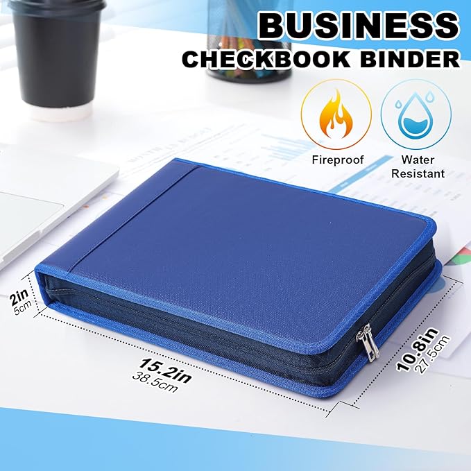 Henoyso 7 Ring Fireproof Business Checkbook Binder with Zipper 1.5 Inch D Rings Check Binder 9 x 13 Inch Checks 600 Sheets Capacity Built in Storage Organizer for Office Storage(Dark Blue)