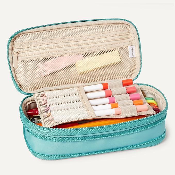 Amazon Basics Large Capacity Pencil Case with Durable Zipper, Multi-Compartment, Cyan Mild