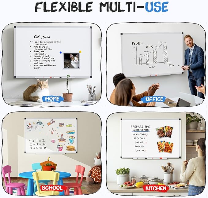 DUMOS Magnetic White Board Kit for Wall 48" x 32", Dry Erase Board with 1 Dry Eraser & 2 Multicolor Markers & 4 Magnetic Pins, Silver Reinforced Aluminum Frame for Home, School, Office