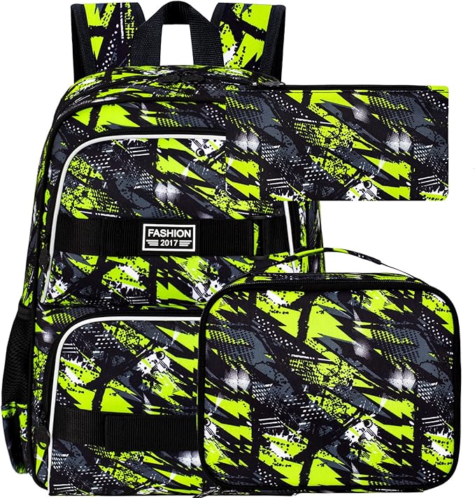 3PCS Bookbag for Boys, 17" Water Resistant School Bag with Lunch Box, Cute School Bag Set for College Teenagers High Middle Elementary - Graffiti Green