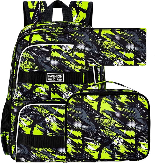 3PCS Bookbag for Boys, 17" Water Resistant School Bag with Lunch Box, Cute School Bag Set for College Teenagers High Middle Elementary - Graffiti Green