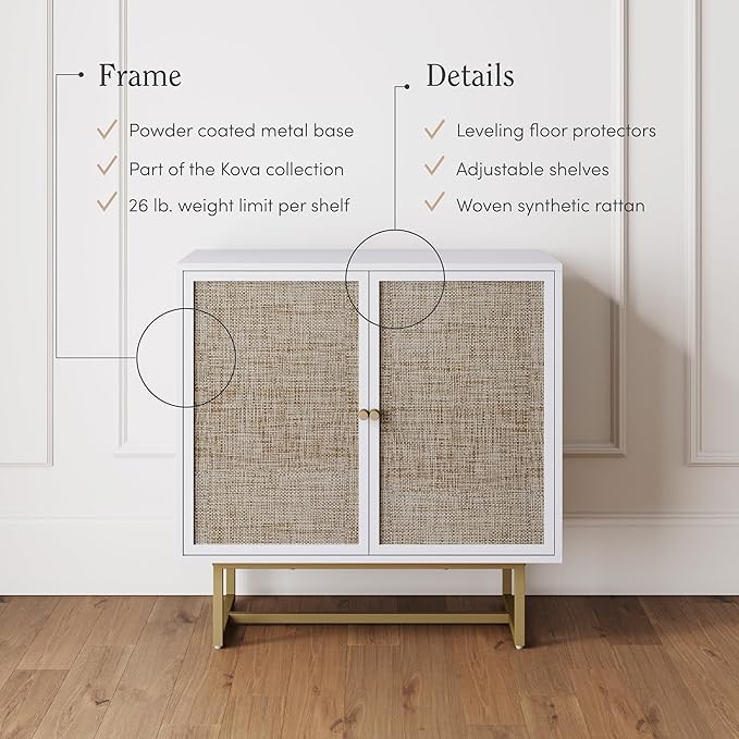 Nathan James Kova Rattan Wood Accent Natural Sideboard Storage Cabinet TV Stand with Matte Metal Frame, Adjustable Shelves and Cane Doors, for Hallway, or Living Room, White/Cane/Brass, Set of 4