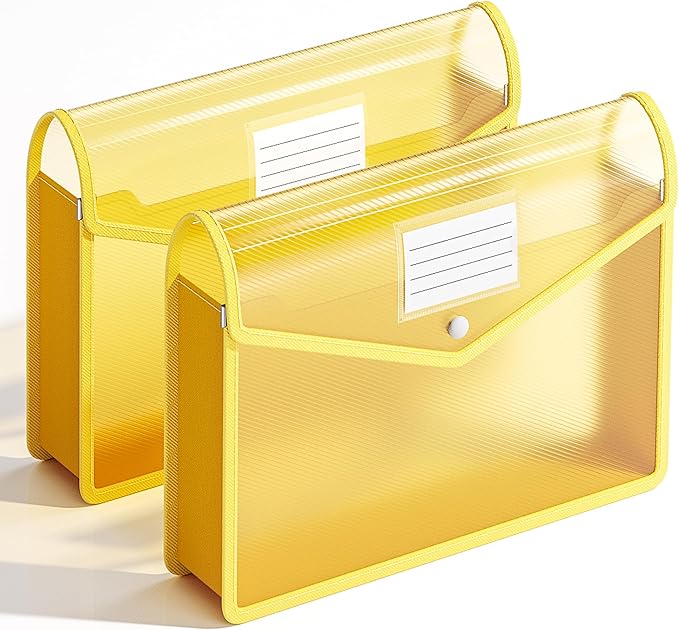 2 Pack Plastic Expanding File Folder, Transparent envelopes with Snap Closure, Fit Letter/A4 Size for School/Office/Home/Hospital, No Dividers, Large Capacity（Yellow）