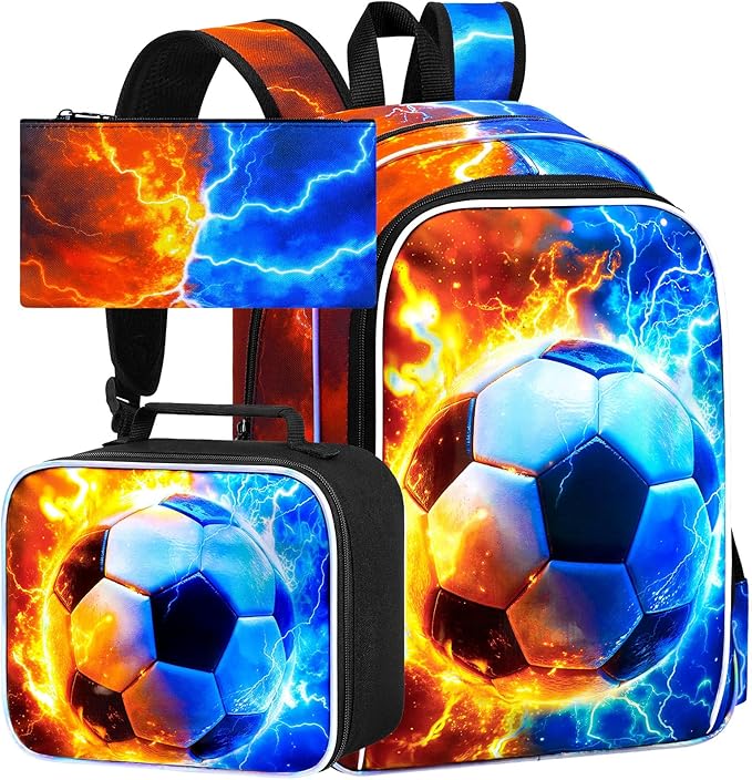 gxtvo 3PCS Soccer Backpack for Kids, 17" Boys Bookbag with Lunch Box, Water Resistant Middle Elementary School Bag - Fire & Lightning Soccer