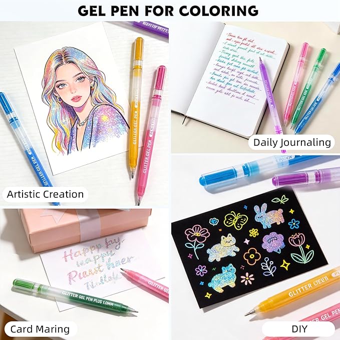 Glitter Gel Pens, 6 Colors Double Shining Colors Glitter Metallic Gel Ink Pen with 1.0 mm Large Capacity Smooth Writing Color Pens for Adult Coloring Note, Drawing, Art Supplies