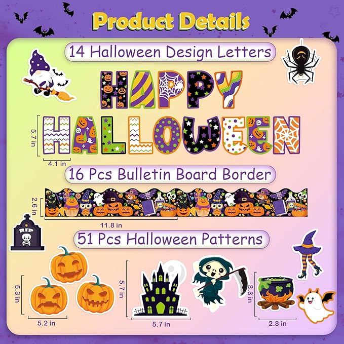 81 Pcs Happy Halloween Cutouts for Bulletin Board Decor Set with Border- Halloween Themed Pumpkin Spider Ghost Witch Paper Cut-Outs Wall Decals for Kids Teacher Classroom School Party Supplies