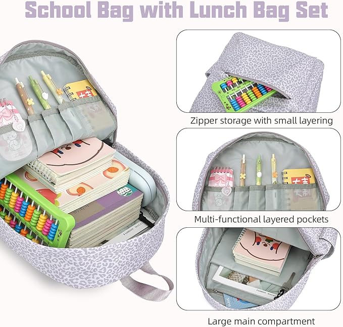 School Backpack for Girls, 3PCS Bookbags Set with Lunch Box Pencil Pouch Elementary Middle School Bag Laptop Back Packs (Purple Leopard)