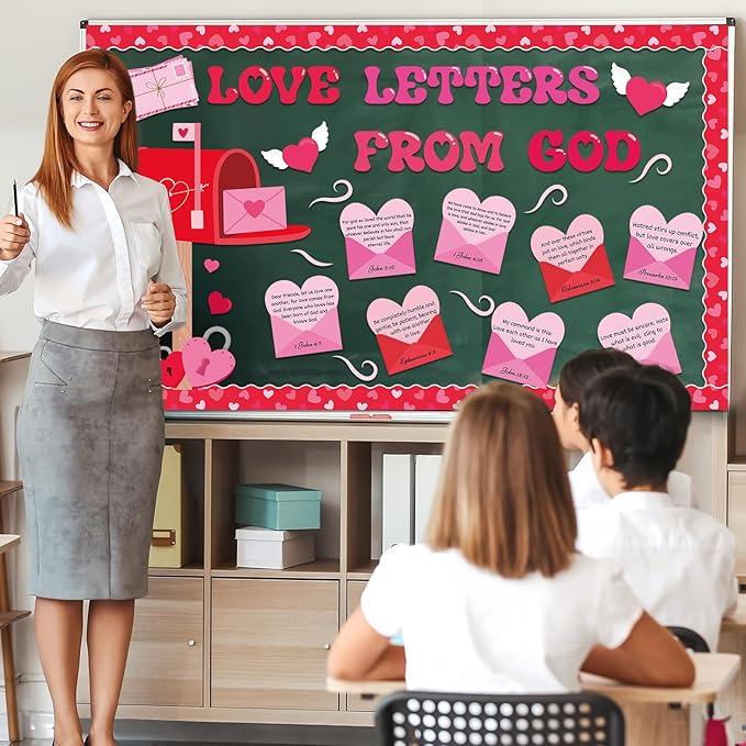 Valentine's Day Christian Bulletin Board Set Religious Mailbox Classroom Decor Bible Verse Inspirational Quotes Love Letters Cutouts Heart Bulletin Board Border for Sunday School Church VBS Wall Decor