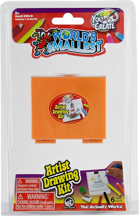 World's Smallest You Create Artist Drawing Kit. Miniature Creative Art Craft Set. Includes: 6 Color Pencils, Sharpener, Eraser, Pad, and Drawing Board/Easel.