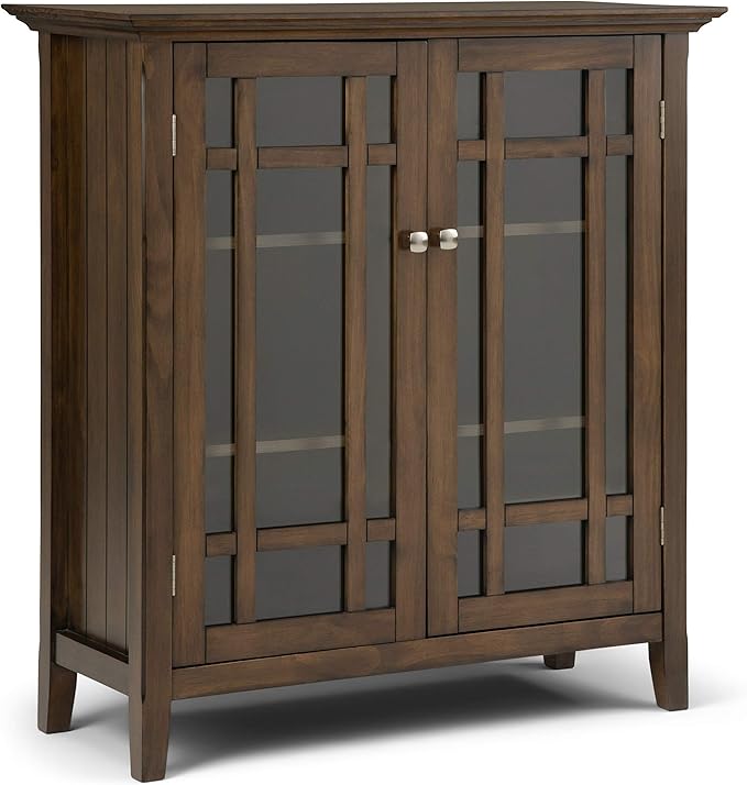 SIMPLIHOME Bedford Storage Cabinet - 39 inch Wide Solid Wood Medium Cabinet in Rustic Natural Aged Brown, Transitional Console for Living Room, Entryway, or Dining Room with Glass Doors and Shelves