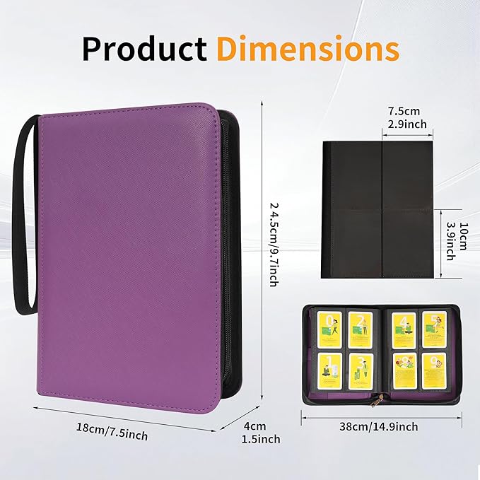 Wonderpool Card Binder A5 Album Zippered 4-Pocket Trading for 240 Cards - Leather PU Card Holder Collection Storage Folder, Side-Loading for Photo Pokemon, MTG, TCG, Yugioh, Sports Cards (Purple)