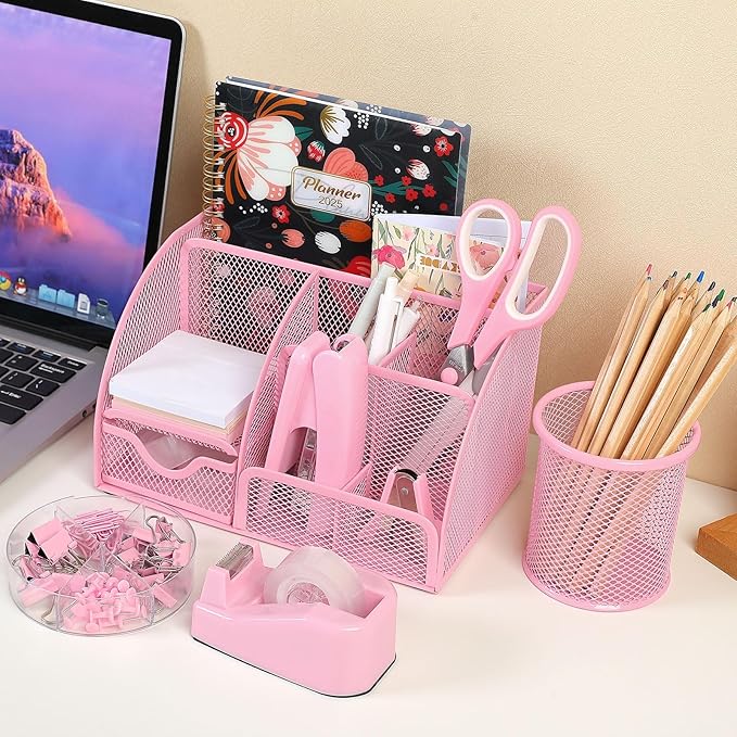 SKYDUE Pink Desk Accessories, Pink Office Supplies Set, Mesh Desk Organizer, Stapler, Tape Dispenser, Scissors, Binder/Paper Clips and 1000pcs Staples,Desk Organizer for Women