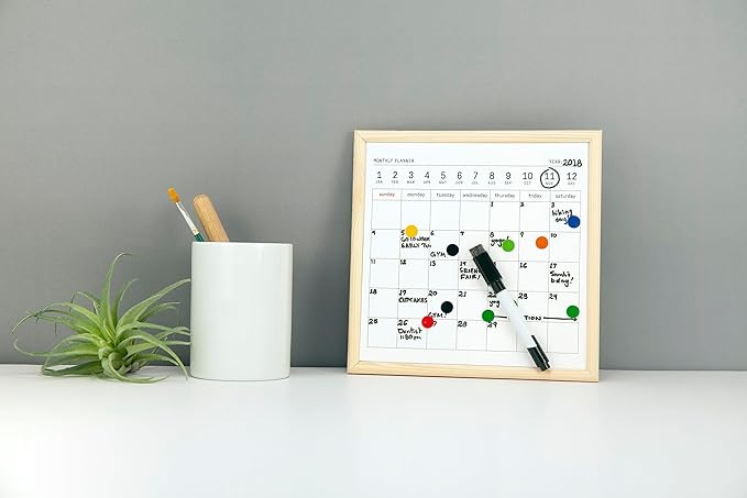 Kikkerland Mini White Dry Erase Board Calendar Black Dry Erase Marker, Small Mini White Board for Kids, Students, 8" x 8"